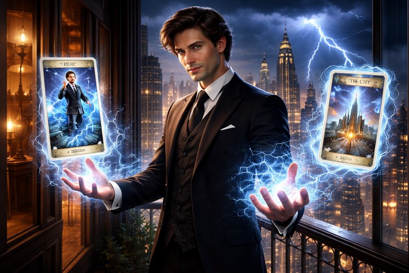 A man in a suit conjures glowing electric cards over a city balcony at night.