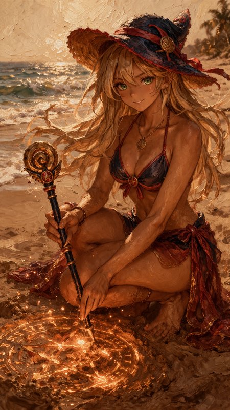 Fantasy beach witch with glowing staff casting a magical circle at sunset