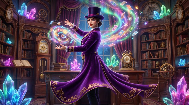 Woman in a purple cloak conjures magic in a crystal-filled library.