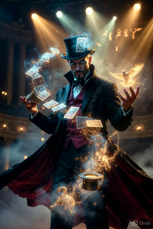 Mysterious magician in a velvet coat and top hat conjuring flying cards with sparks on a smoky st...
