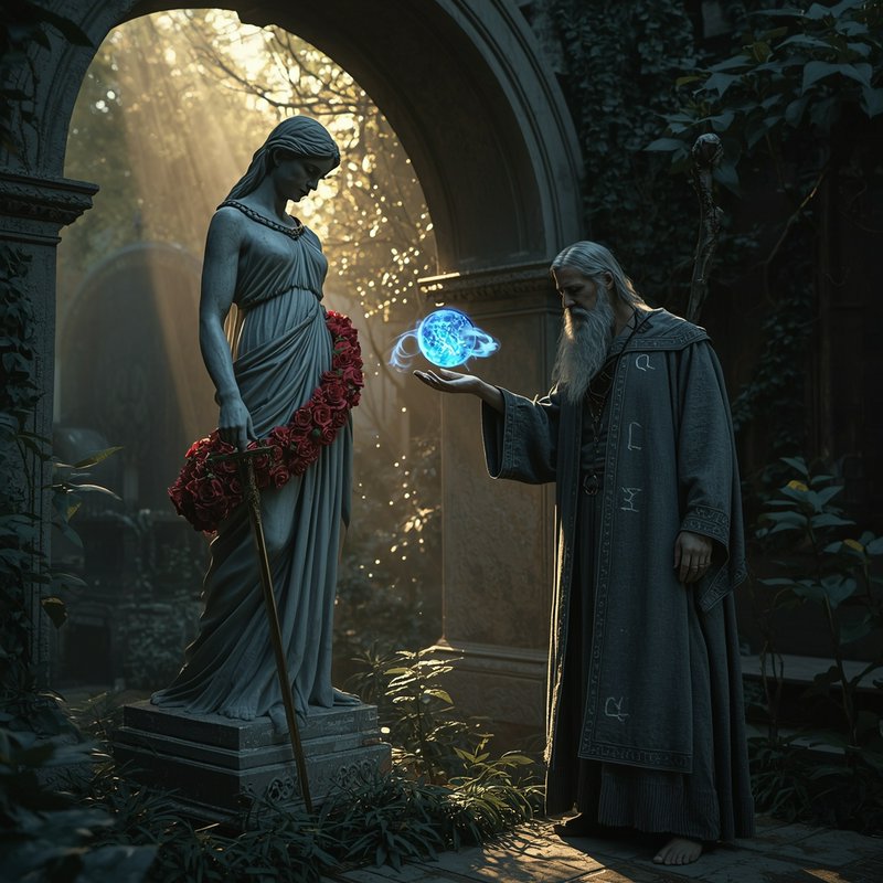 Mystic wizard in gray robes conjures glowing blue orb beside a classical statue in an ivy-covered...