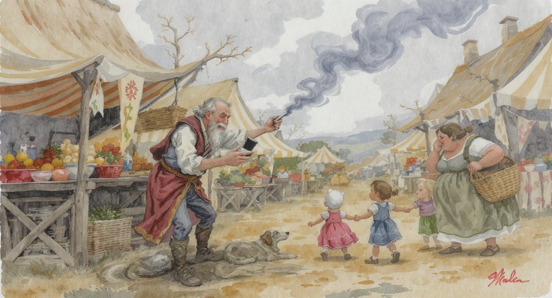 Old man at a bustling market uses a smartphone while children play near market stalls and a dog l...