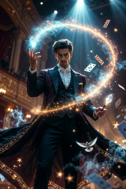 Magician in a dark suit and flowing cape performing a luminous circular magic ring with flying ca...