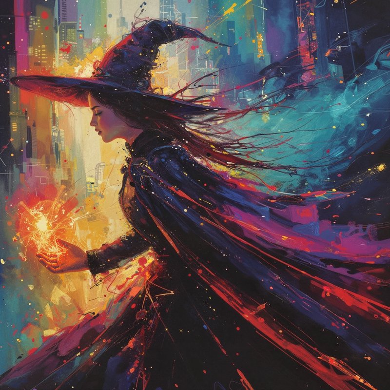 Witch in a flowing cloak and hat conjuring sparks against a vibrant urban fantasy cityscape.