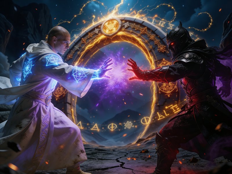 Two sorcerers in white and black clash magical energies before a glowing circular portal.