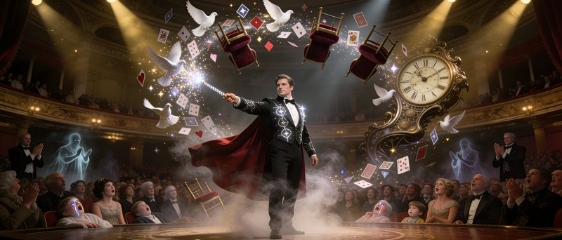 Magician on stage with red cape performing, floating chairs, cards, doves, and an ornate clock su...