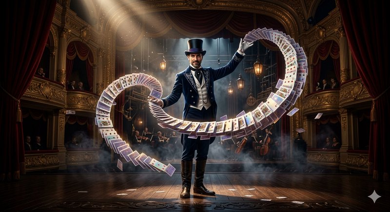 Magician in a top hat performing a dramatic card flourish on a theater stage.