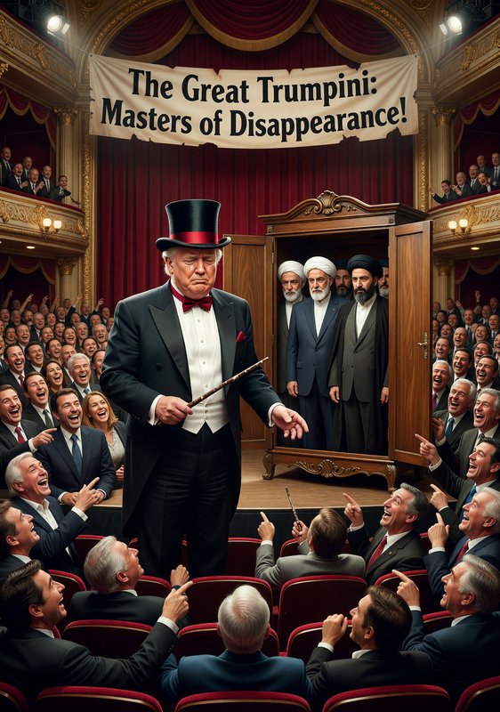Caricature of a magician resembling Trump in a theater, with a top hat and wand, before a cheerin...