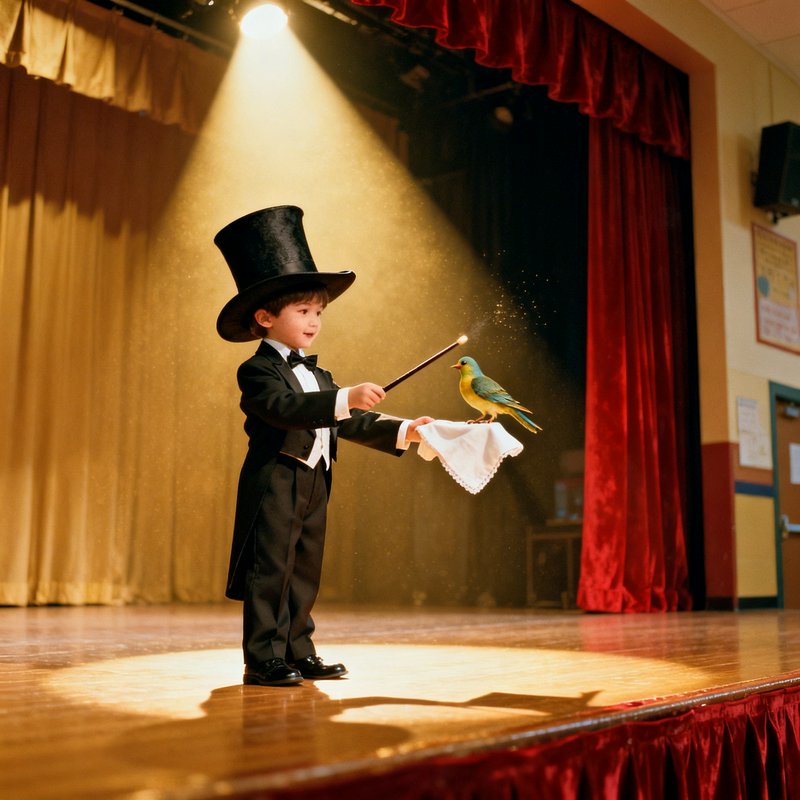 Young boy magician in a black tux and top hat performs on stage with wand and a parrot on a cloth