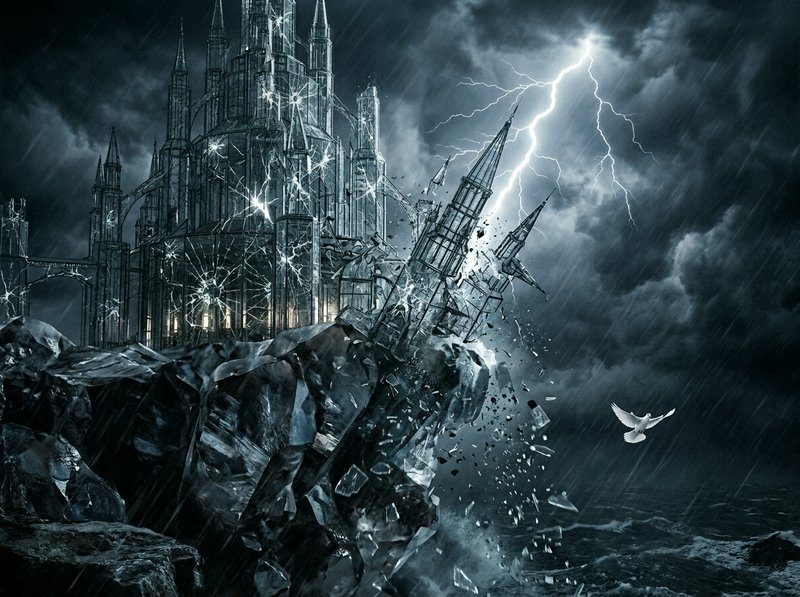 Gothic cathedral perched on a jagged cliff during a thunderstorm with lightning and flying debris.