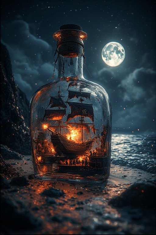Glass bottle on a moonlit shoreline containing a burning ship model.