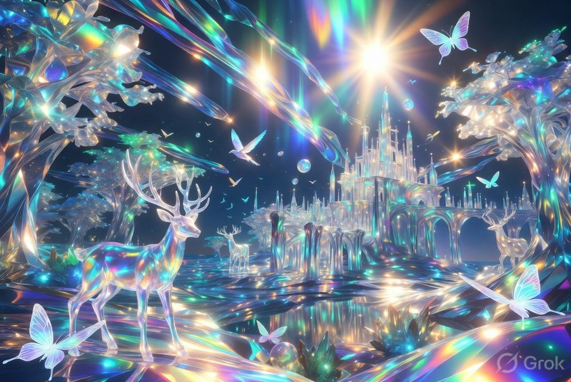 Crystal fantasy landscape with glowing translucent deer, butterflies, and a radiant castle under ...