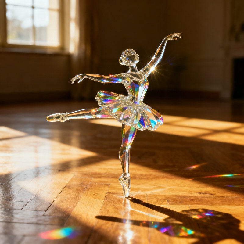 Crystal ballerina sculpture illuminated by sunlight with rainbow reflections on a wooden floor.