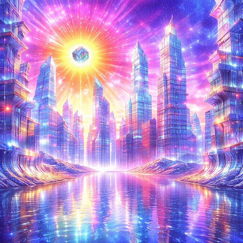 Neon futuristic city with crystal skyscrapers, glowing sun cube, and mirrored water.