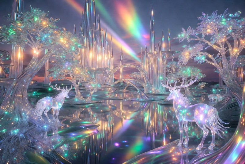 Glowing crystal forest with translucent neon deer under a rainbow aurora.