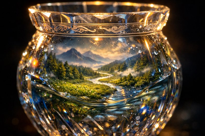 Crystal glass vase with a hand-painted alpine landscape and river scene inside, surrounded by droplets of water.