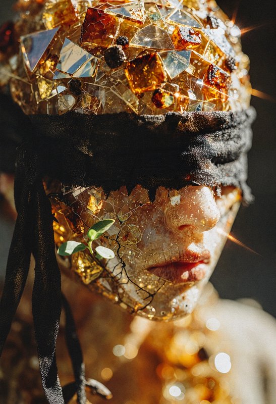 Close-up of a person wearing a gold mosaic crown and a black blindfold.