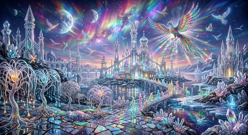 Fantasy icy cityscape with crystal towers, bridges, and a colorful aurora sky.