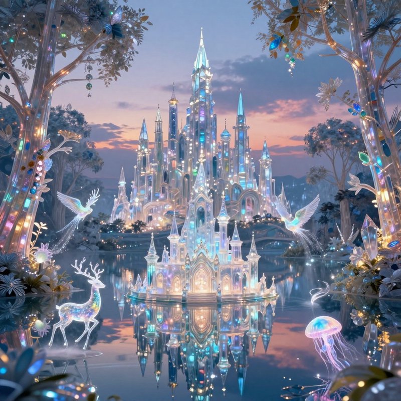 Glittering crystal castle floating on calm water, surrounded by luminous trees and magical creatu...