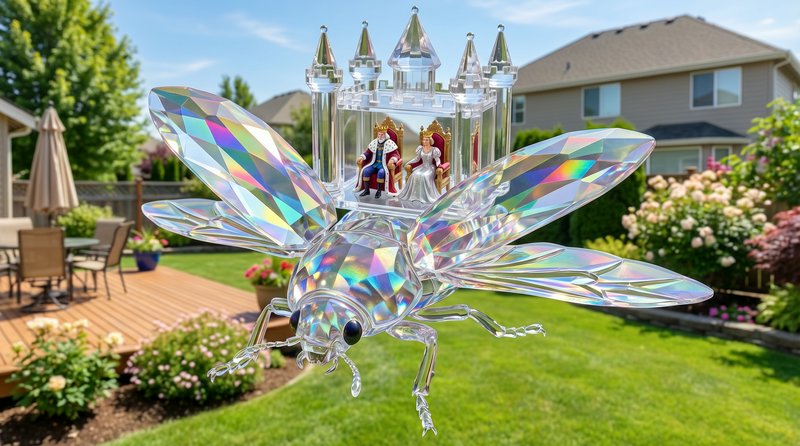 Crystal dragonfly ornament with iridescent facets carrying a miniature castle and royal figures i...