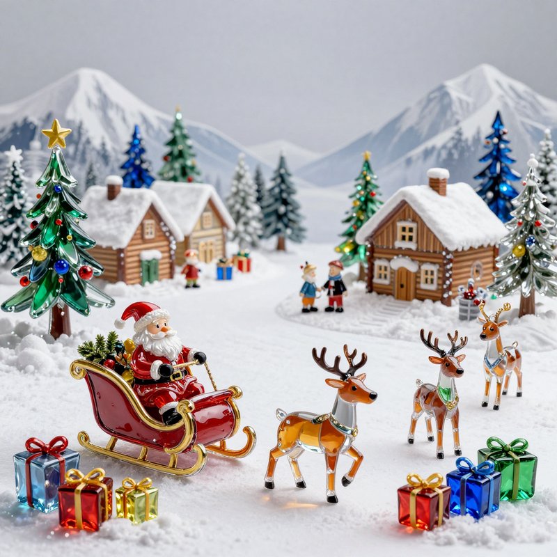 Santa in a red sleigh with reindeer in a snowy Christmas village scene.