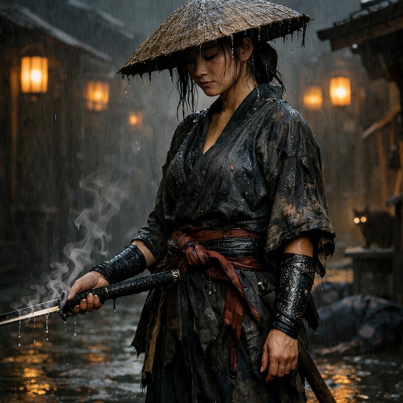 Wet samurai woman in a dark kimono under a conical umbrella in a rain-soaked street, gripping a drawn katana.