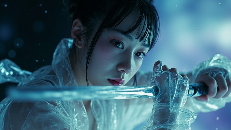 Close-up of a woman in a translucent raincoat wielding an icy blue sword under cool neon light.