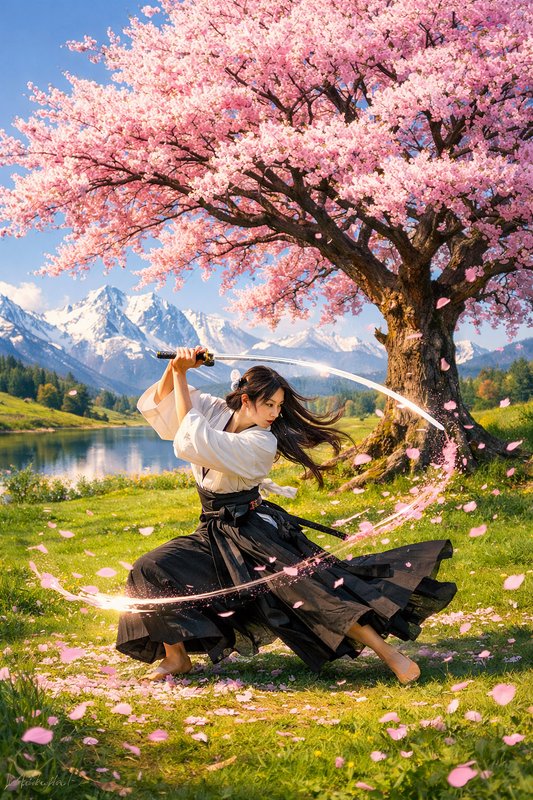A female martial artist in traditional attire swinging a katana under a blooming cherry tree.