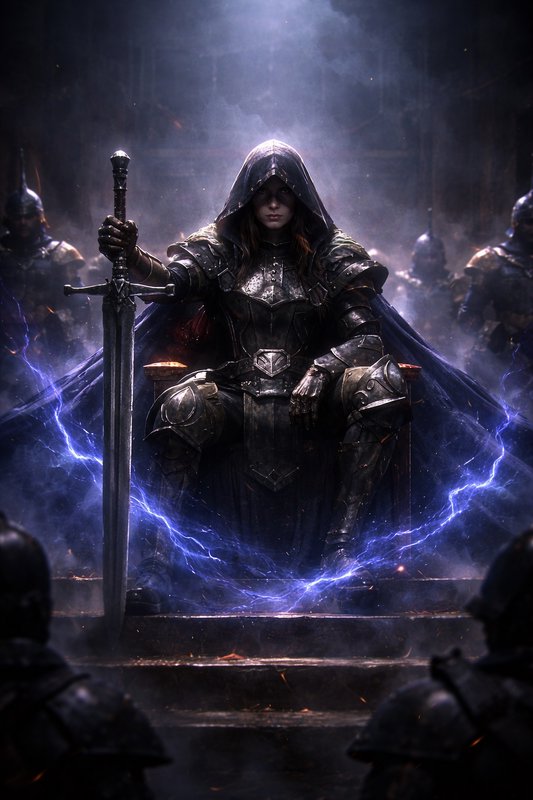 Armored hooded warrior seated on a throne with a large sword and blue magical lightning.