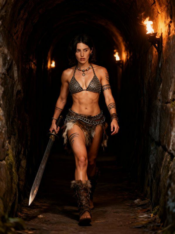 Woman warrior in a dungeon wearing a fur-trimmed bikini top, cape-less armor, and holding a sword.
