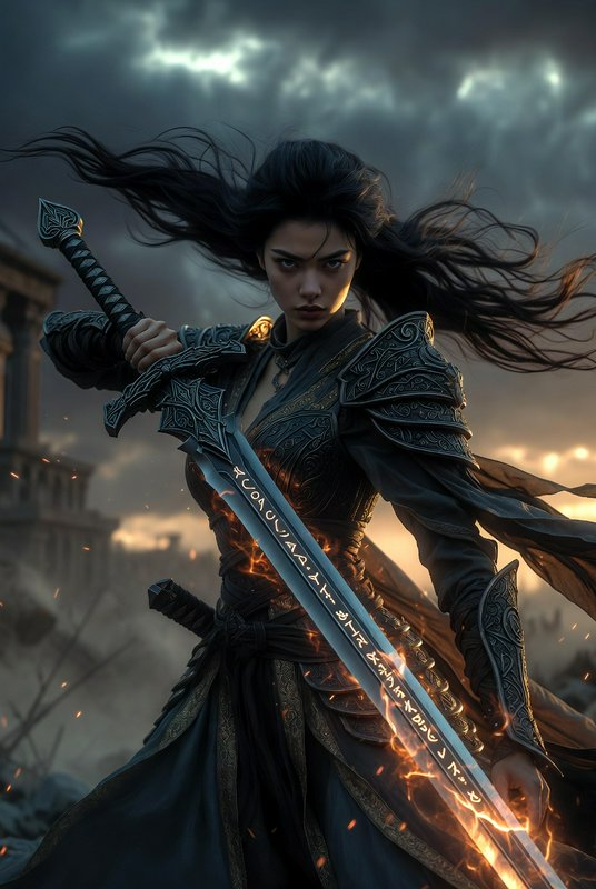 Fierce female warrior in ornate armor wields a glowing rune-encrusted sword in a smoky battle scene.