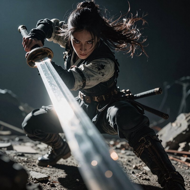 Female warrior lunging with a glowing sword in a gritty battlefield.
