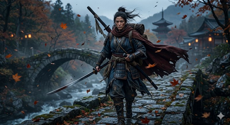 Warrior in blue armor with cape on a stone bridge amid autumn leaves and mist
