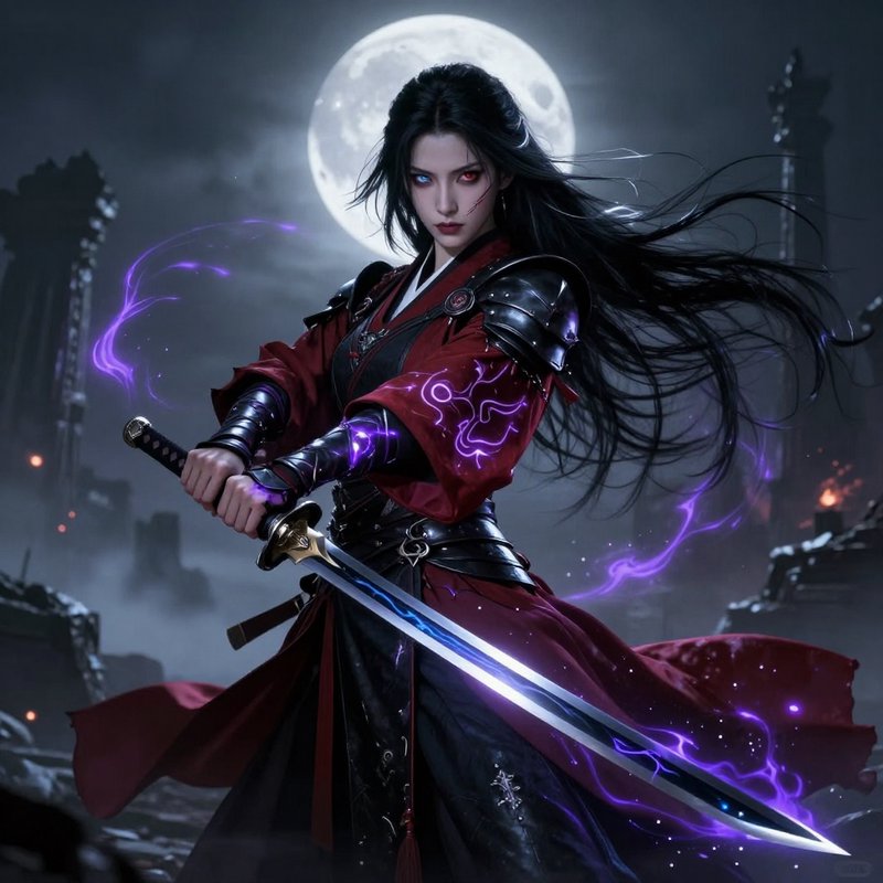 Female warrior in red and black armor with glowing purple energy, moonlit ruins background.