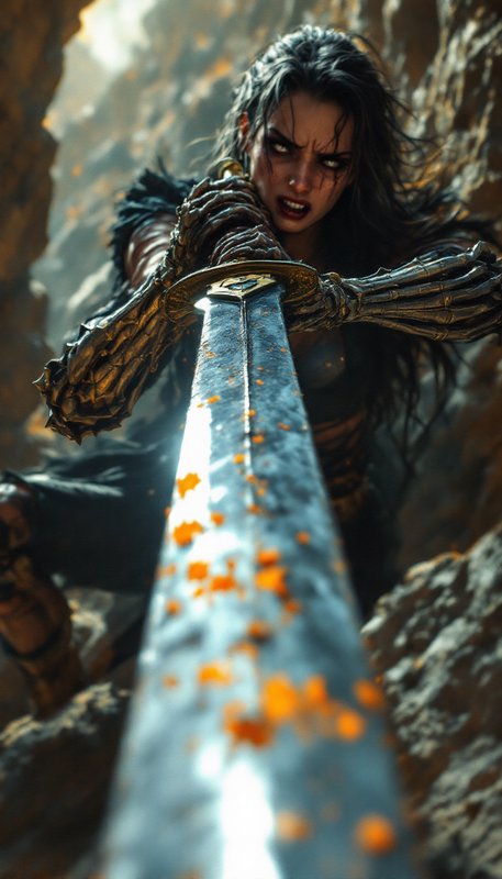 Intense fantasy warrior woman gripping a long sword toward the camera in a rocky canyon.