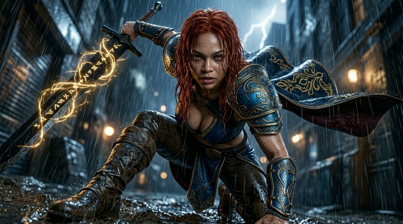 Female fantasy warrior in armor wielding a glowing rune-sword in pouring rain.