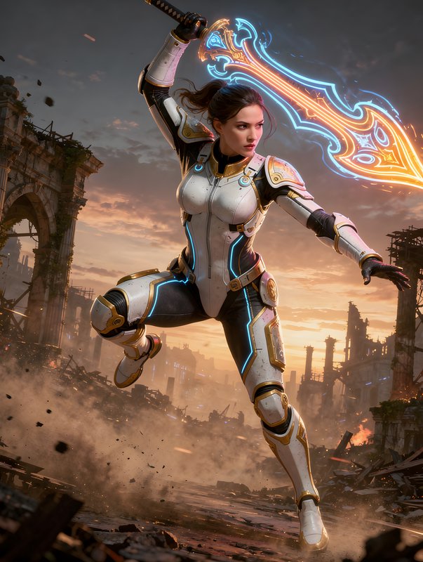 Female armored warrior leaping in a ruined city, wielding a glowing neon energy sword.