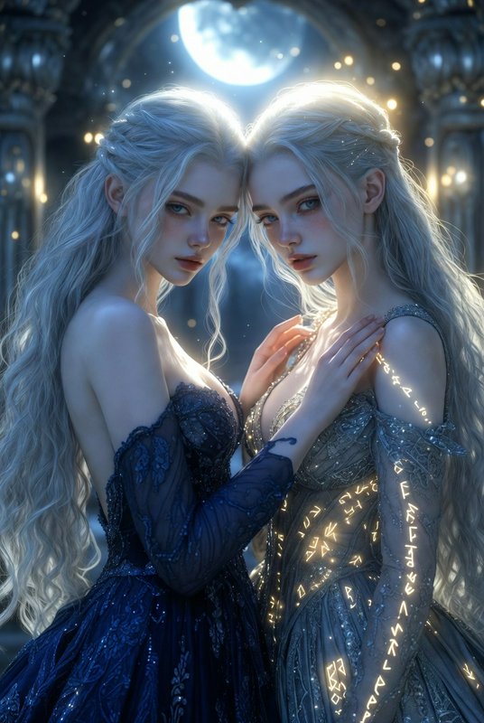 Two ethereal, silver-haired women in ornate blue and silver gowns, embracing under moonlight.