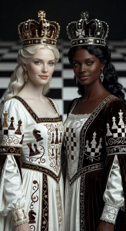 Two regal queens in ornate crowns, one with pale skin in white, the other with dark skin in brown...