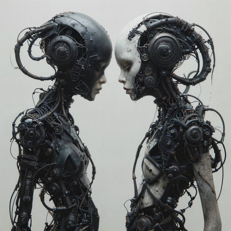 Two futuristic cyborg humanoids face each other, built from gears, cables, and mechanical compone...