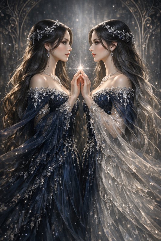 Two mirrored women in navy off-shoulder gowns with silver embroidery face each other, glowing lig...