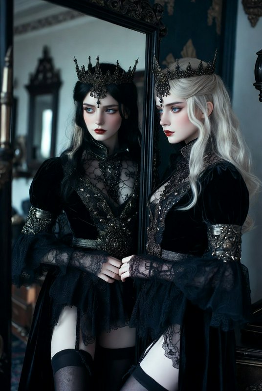 Two gothic queen dolls in black lace gowns with ornate crowns posing beside a mirror.