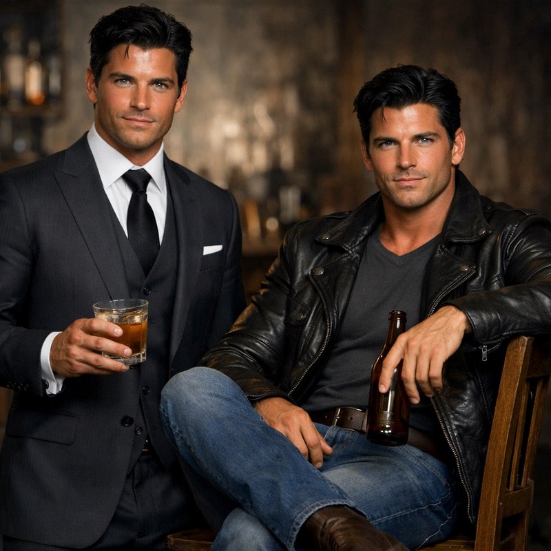 Two men sit in a bar: one in a suit with a glass of whiskey, the other in a leather jacket with a beer.