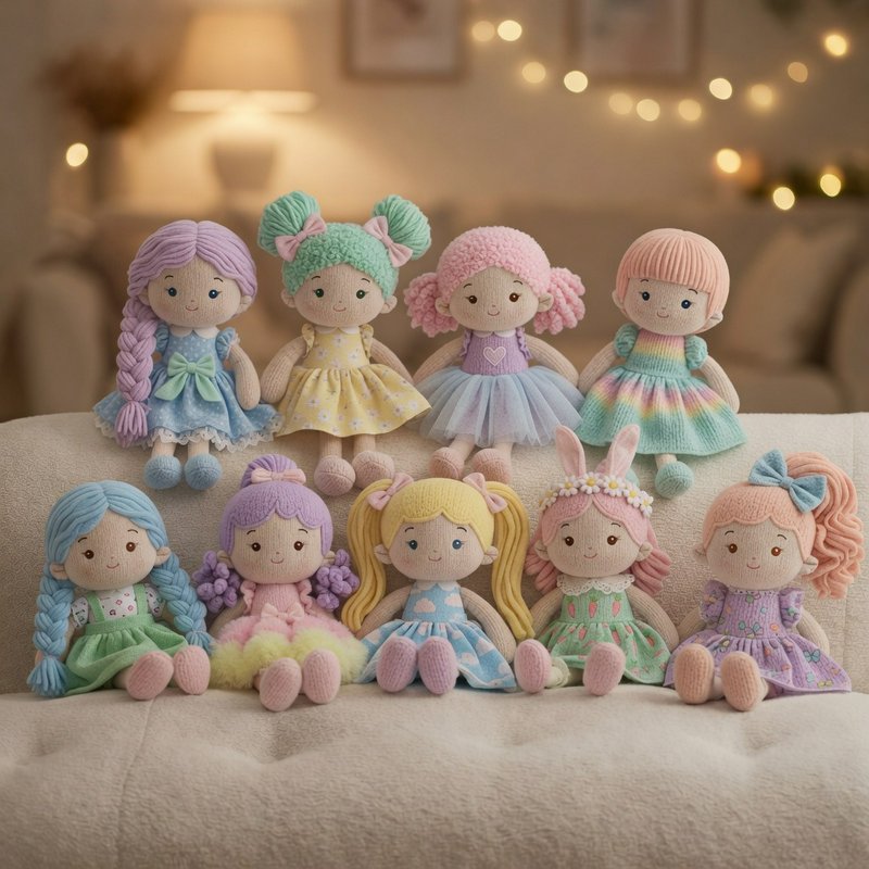 Colorful knitted rag dolls with pastel dresses lined on a cozy sofa