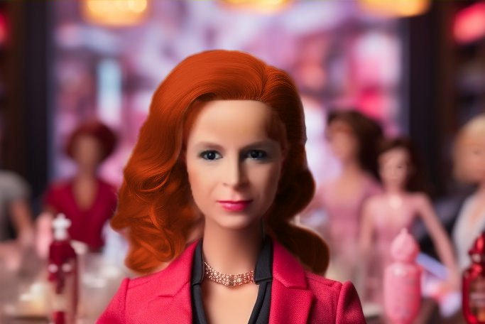 Red-haired woman in a pink blazer at a neon-lit bar with a blurred nightlife background