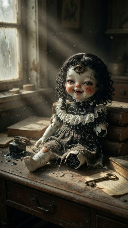 Vintage creepy doll with dark curls and ornate dress sits on a dusty wooden desk by a sunlit window.