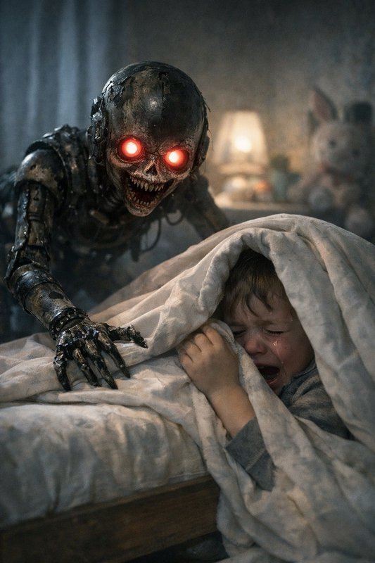 A skeletal robot creature with glowing red eyes looming over a child under a blanket.
