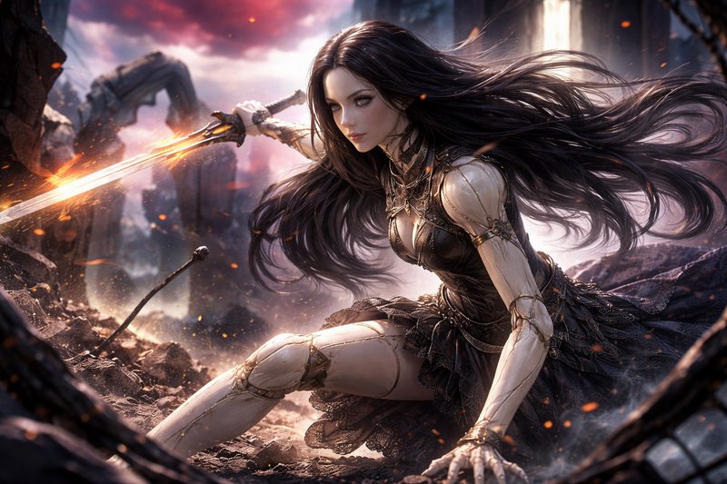 Battle-ready female warrior with glowing sword in a ruined battlefield.
