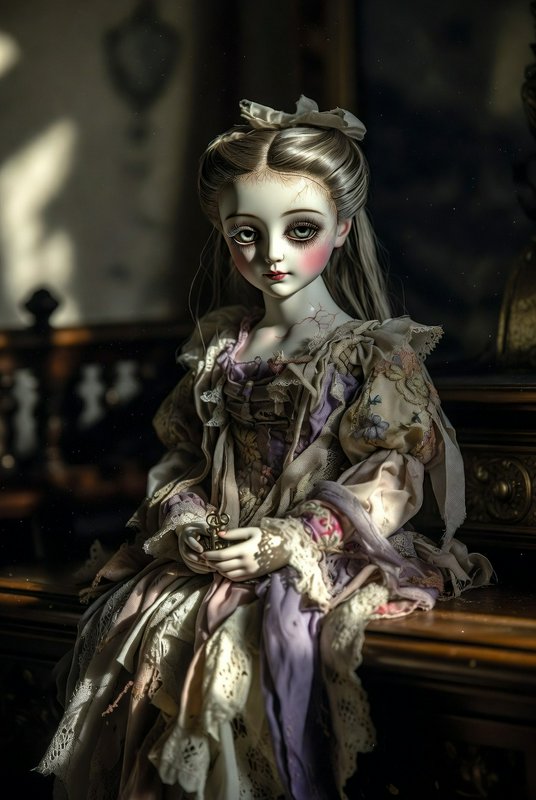 Porcelain doll in a vintage lace dress, sitting on a dark wooden surface.