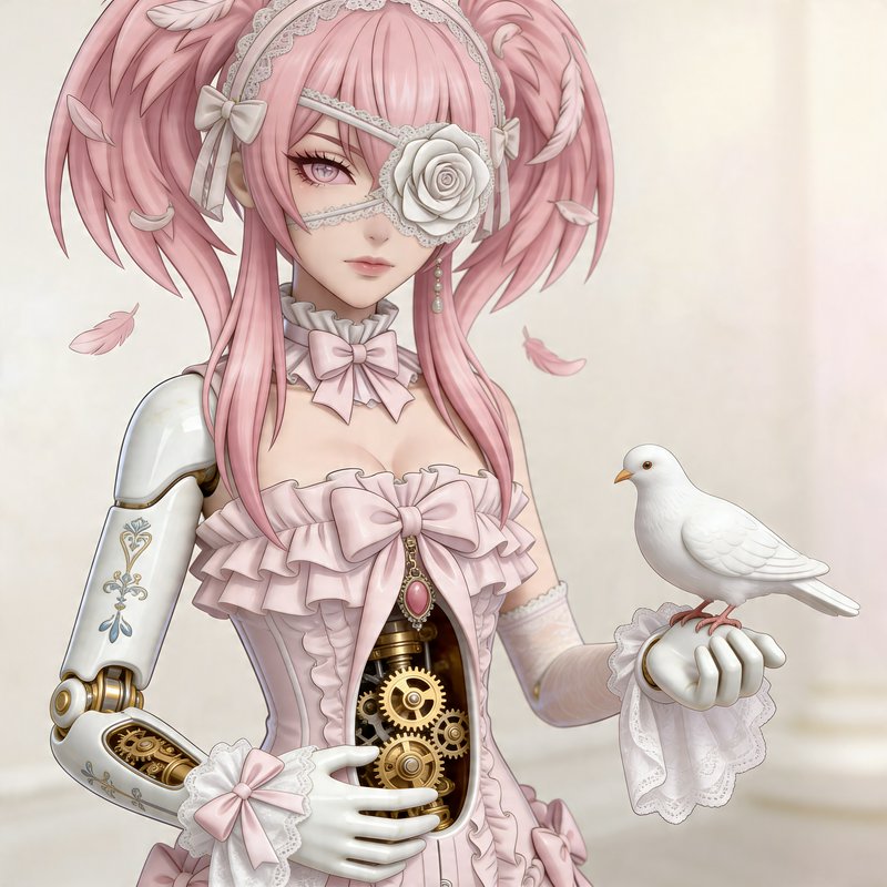 Pink-haired anime-style girl in a frilly pink dress with a steampunk gear torso, wearing an eye p...